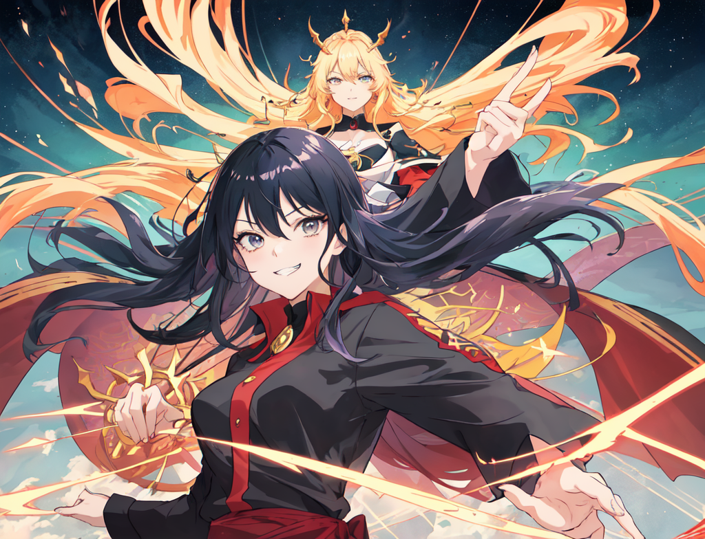starry_sky, star_(sky), shooting_star, sky, night_sky, space, night, constellation, long_hair, floating_hair, fireworks, pointing, fire, magic, sparkl