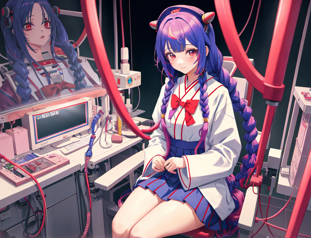 braid, twin_braids, long_hair, skirt, red_eyes, blue_hair, monitor, multiple_girls, virtual_youtuber, pleated_skirt, 2girls, japanese_clothes, compute