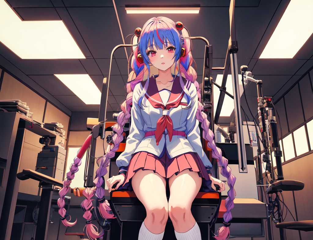 braid, twin_braids, long_hair, 1girl, gun, school_uniform, serafuku, multicolored_hair, school_bag, skirt, kneehighs, solo, very_long_hair, desk, sitt