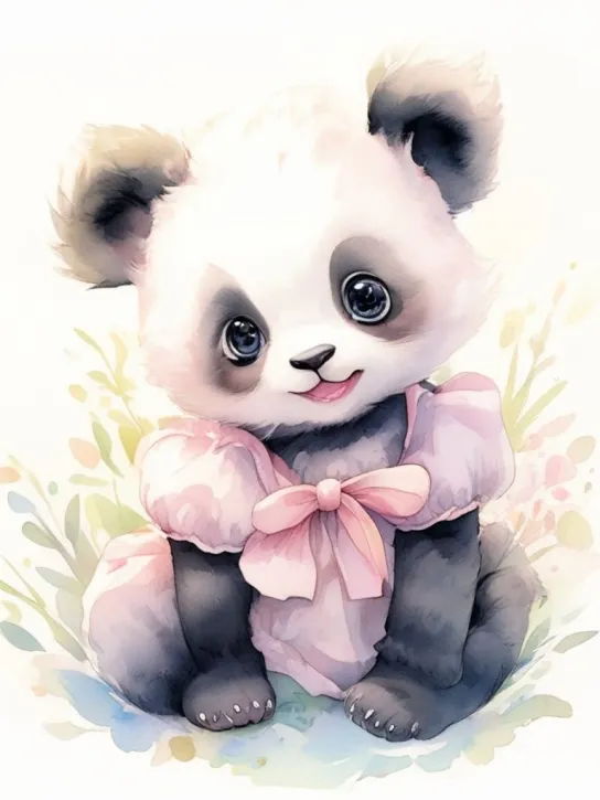no_humans, black_eyes, animal, Panda, bow, pink_ribbon, looking_at_viewer, smile, full_body, solo, open_mouth, realistic, animal_focus, dog, ribbon, s