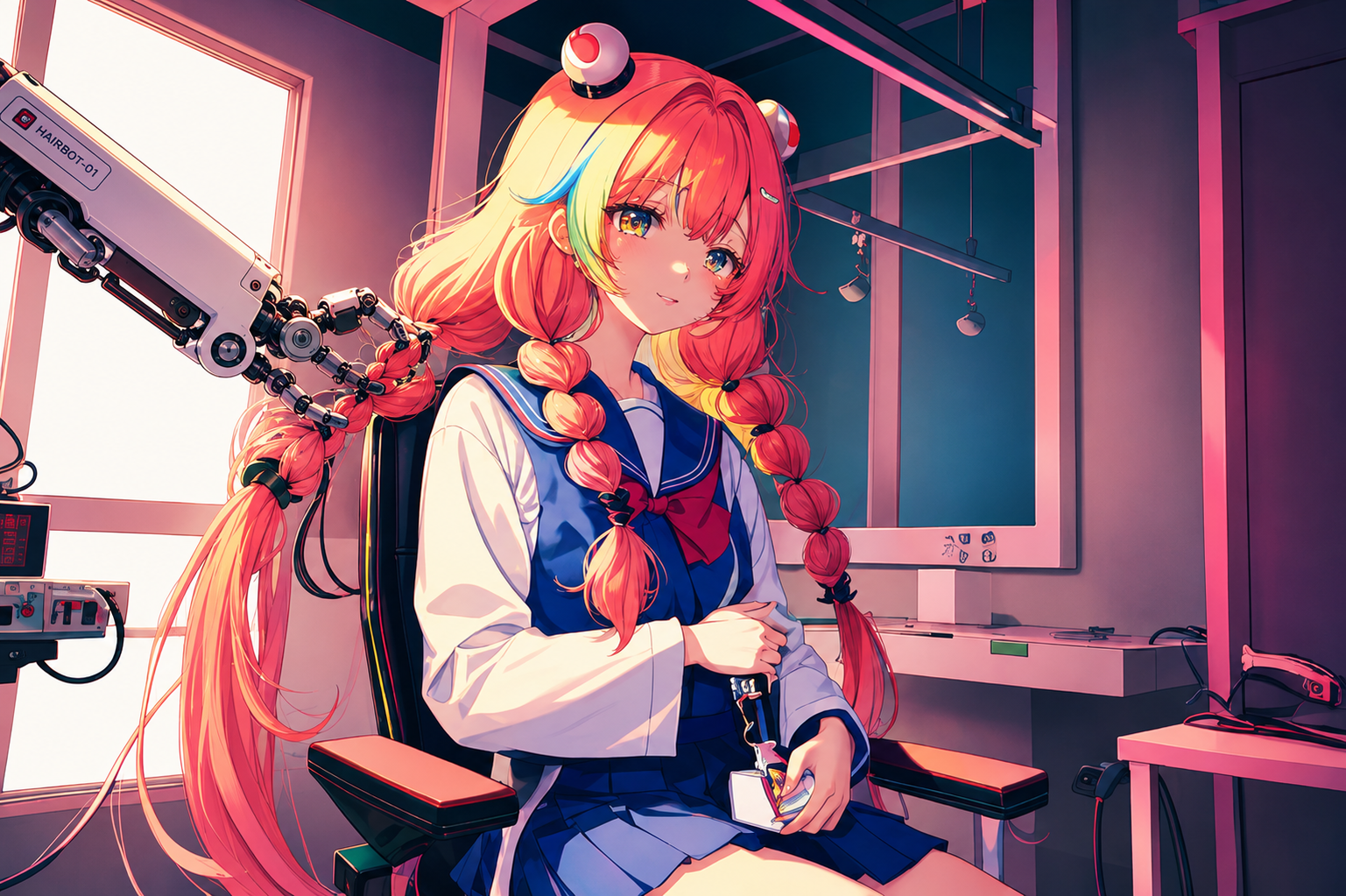 long_hair, bag, 1girl, school_bag, twin_braids, school_uniform, skirt, serafuku, very_long_hair, sailor_collar, braid, solo, holding, blue_skirt, plea